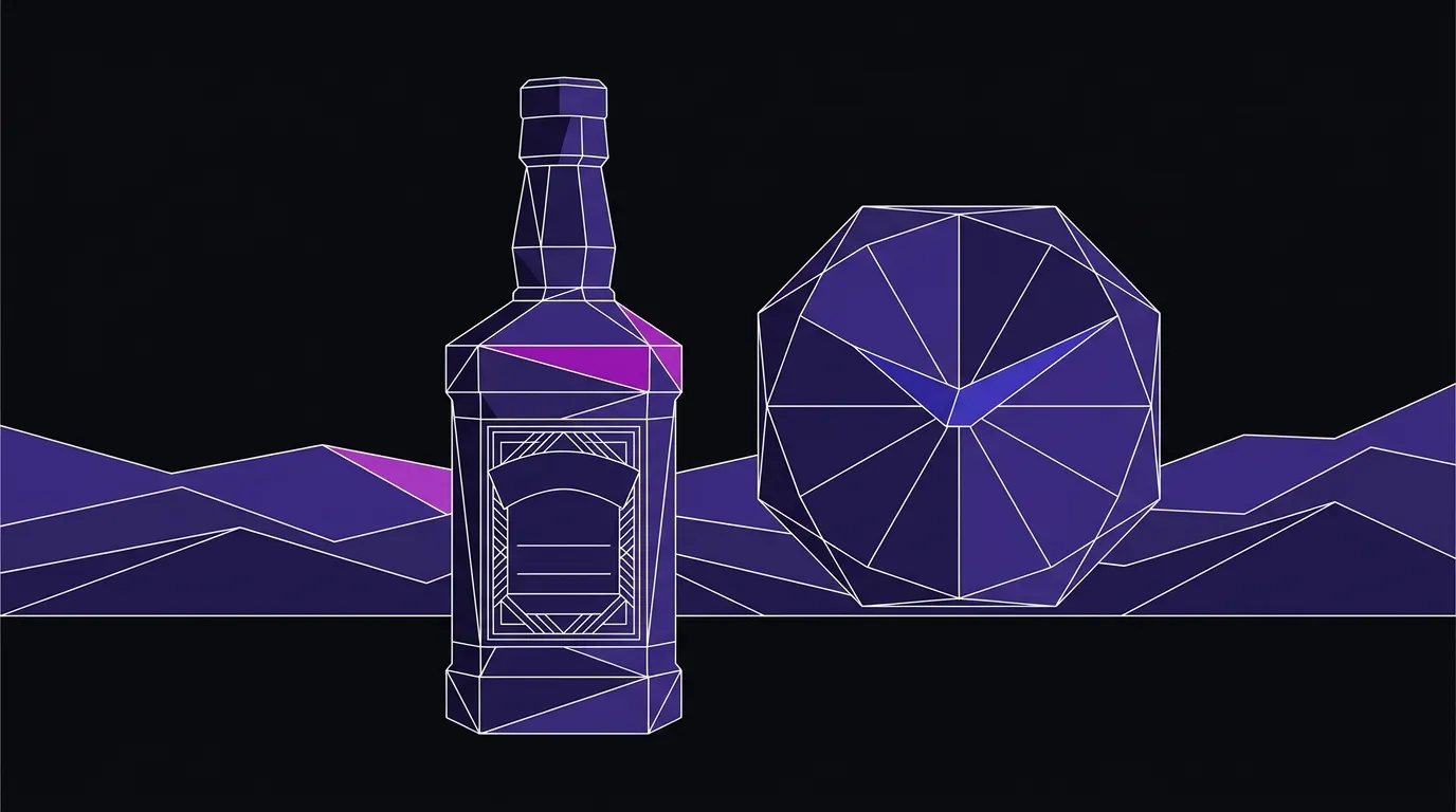 Angular faceted illustration of a whisky bottle beside a geometric clock face against a folded-paper landscape silhouette