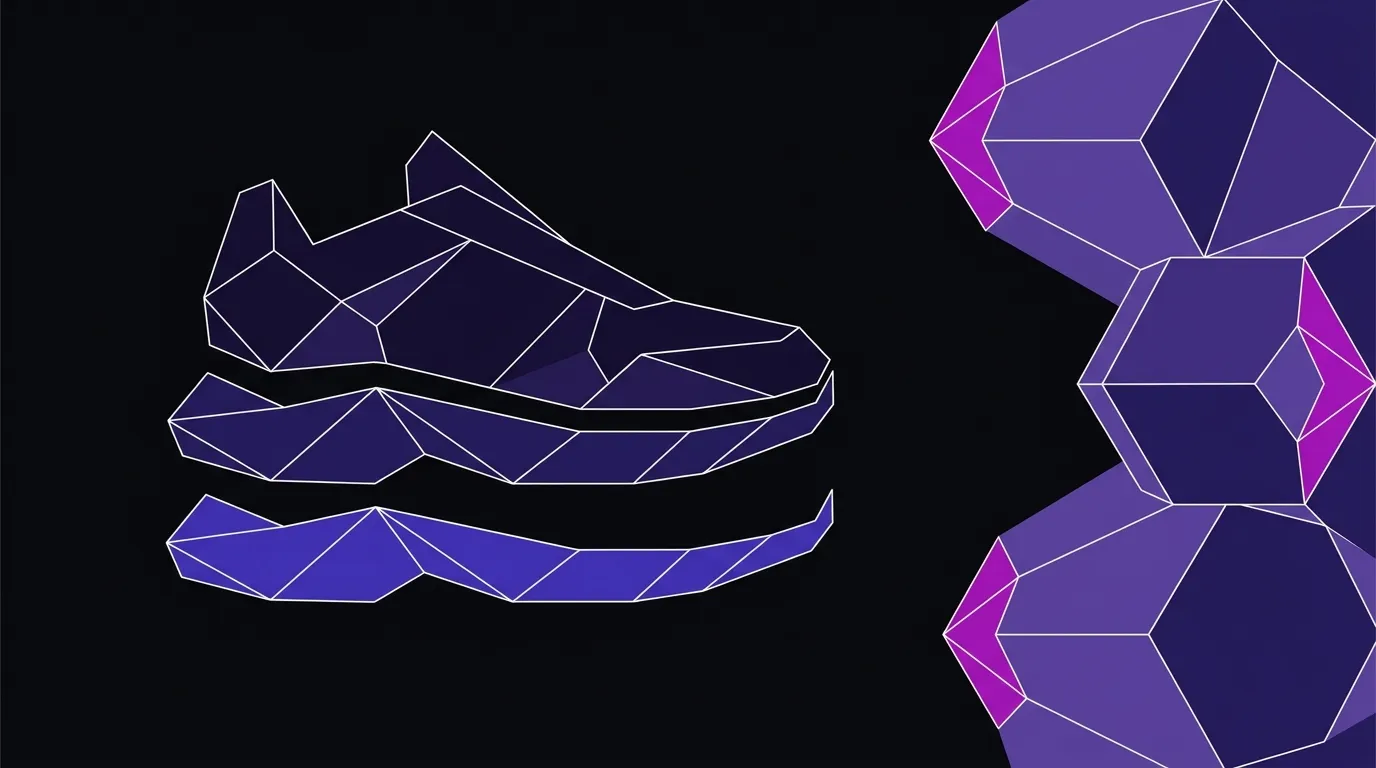 Angular flat-vector illustration of an exploded modular shoe form with separated faceted layers and a geometric lattice cluster on a near-black background.