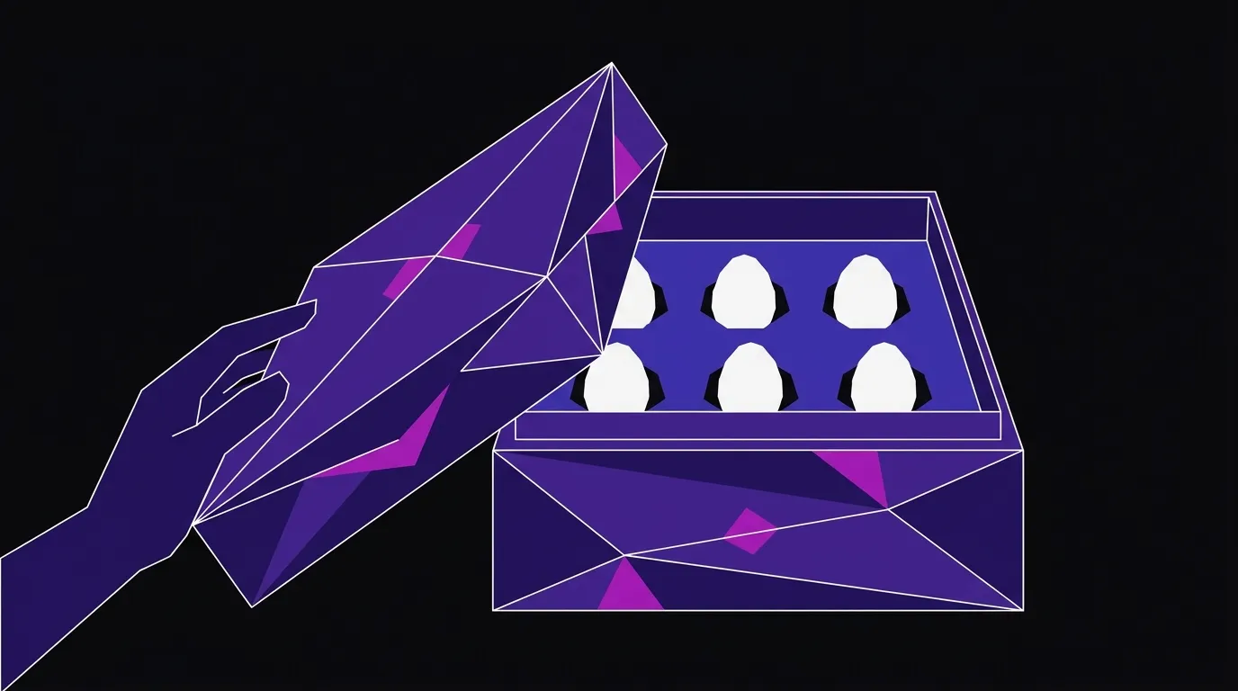Flat vector illustration of an open luxury-style box with six egg shapes nestled inside, rendered in deep purple and indigo facets with a hand lifting the lid