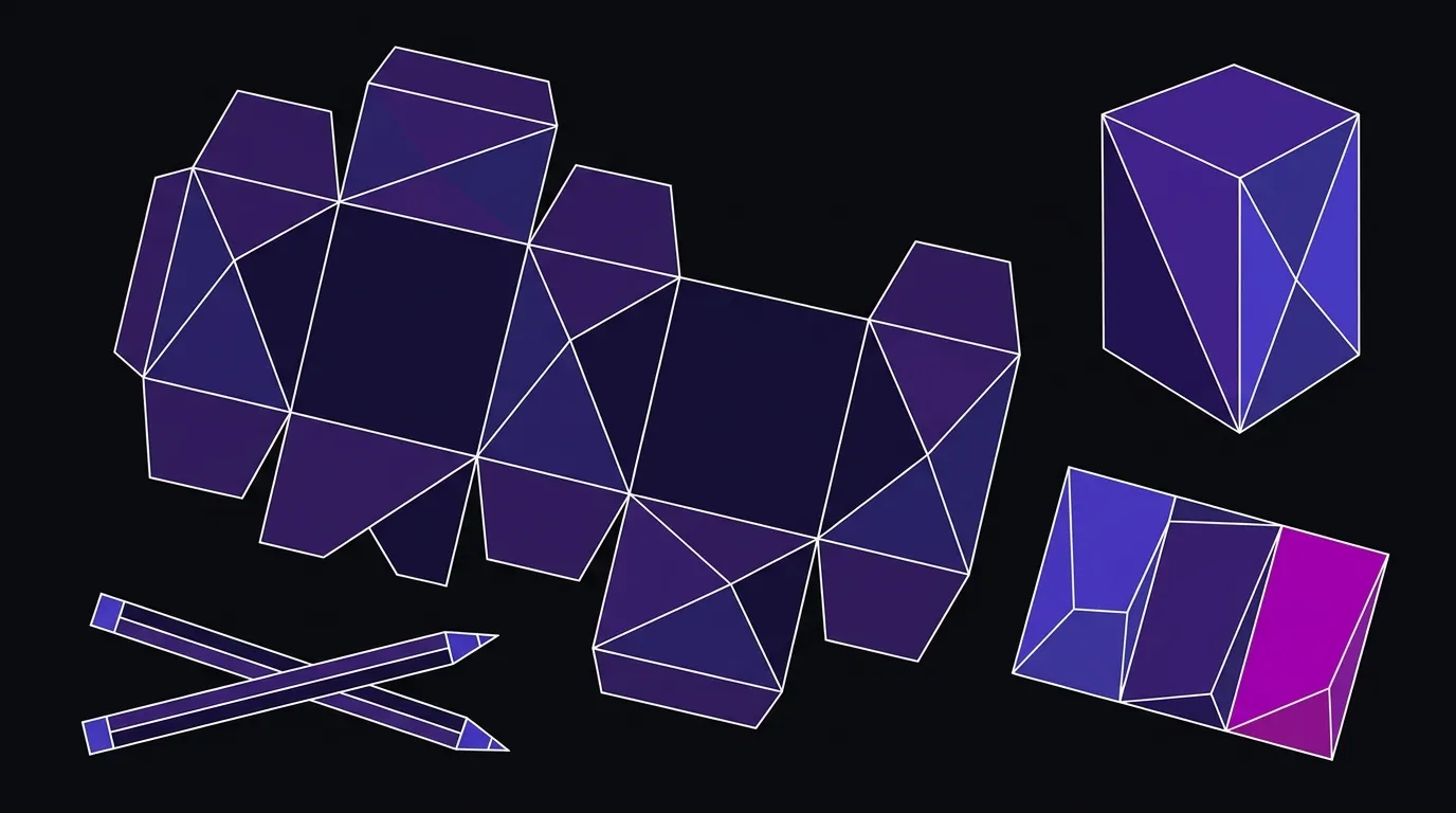 Flat vector illustration of a packaging design flat-lay showing a box dieline, finished box, color swatches, and pencils on a dark surface