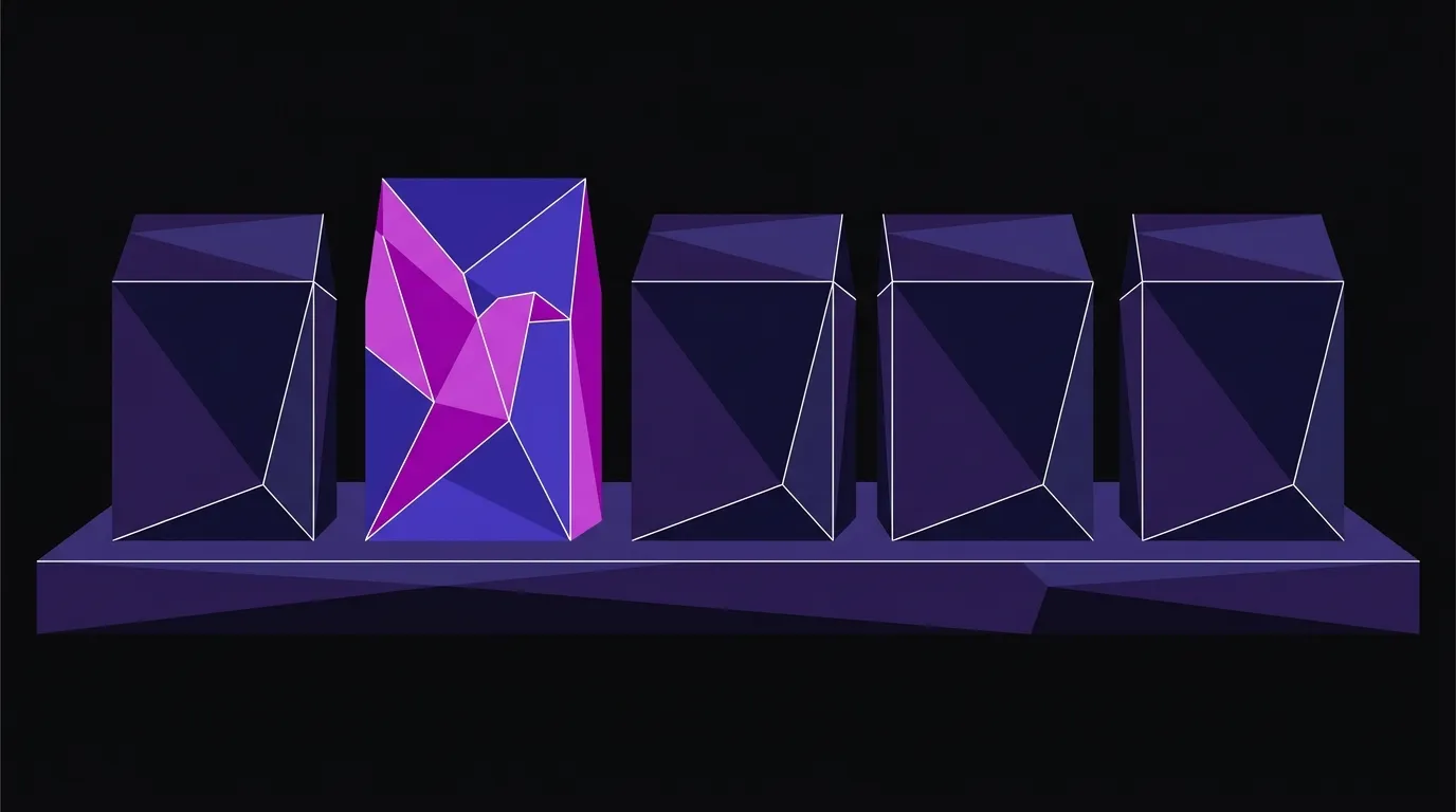 Flat vector illustration of five product packages on a shelf, one bold indigo and orchid design standing out among four nearly identical dark purple boxes