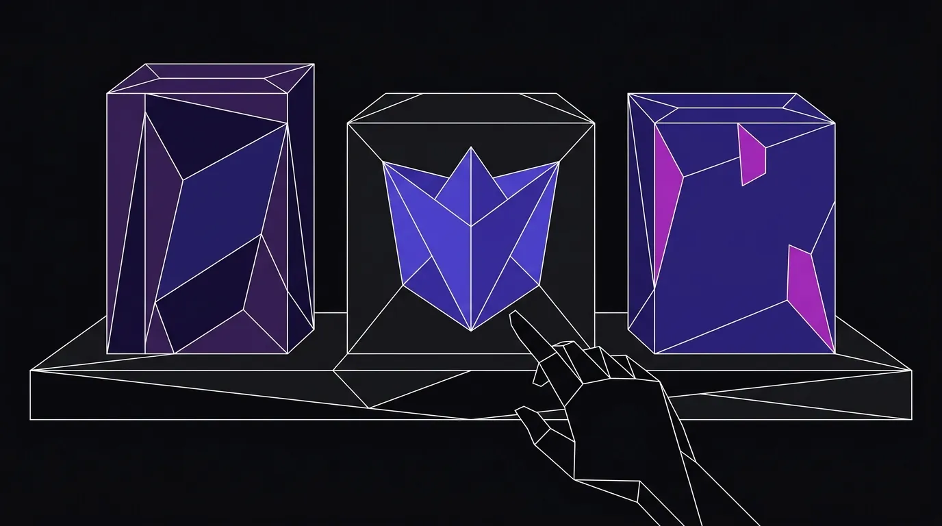 Flat vector illustration of three product boxes on a retail shelf, a hand reaching toward the center box, rendered in deep purple and indigo facets