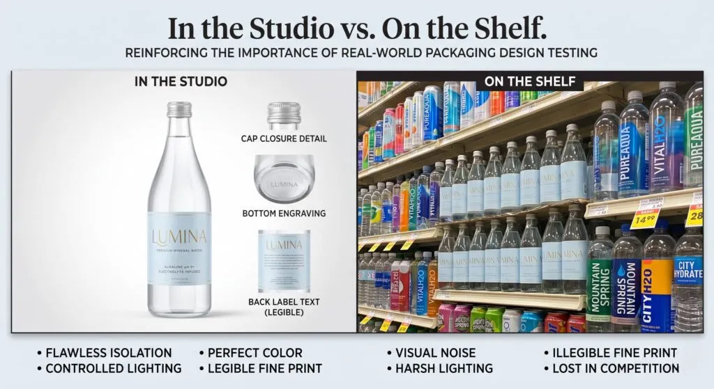 Split image comparing a product packaging design that looks polished in a digital mockup versus how the same design performs on a real retail shelf surrounded by competitor products