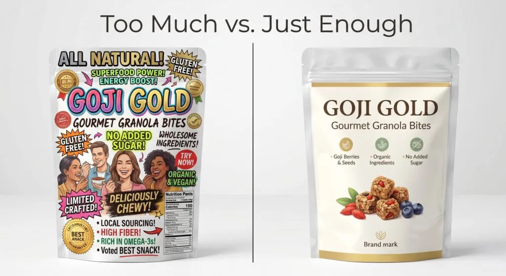 Side-by-side comparison of an overcrowded packaging design versus a clean, well-hierarchized label, illustrating one of the most common packaging design mistakes that kill shelf presence