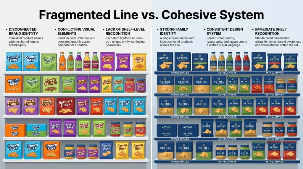 Comparison of a fragmented small brand product line with inconsistent packaging design versus a cohesive packaging system where all SKUs clearly belong to the same brand family