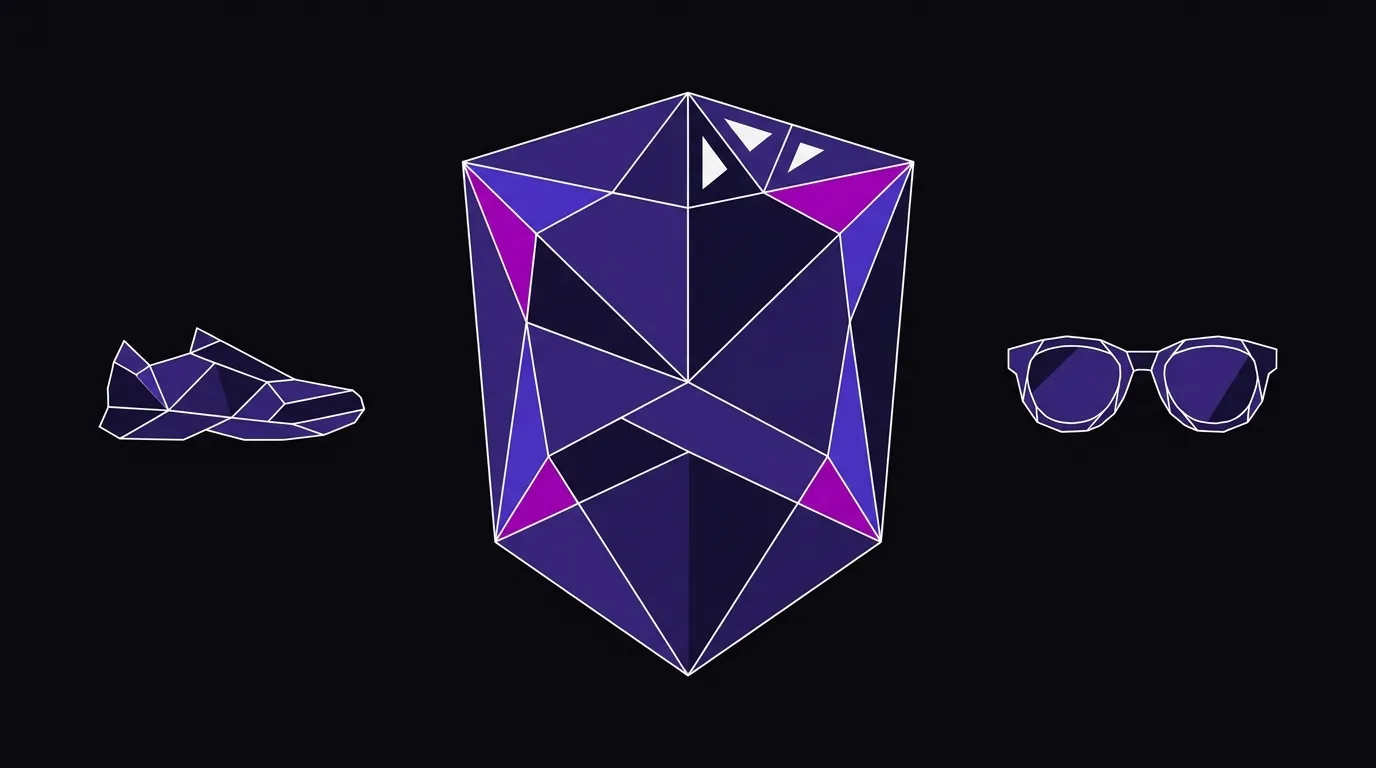 Angular folded-paper facet illustration of a central brand crest flanked by a shoe sole and lens frame on near-black background.