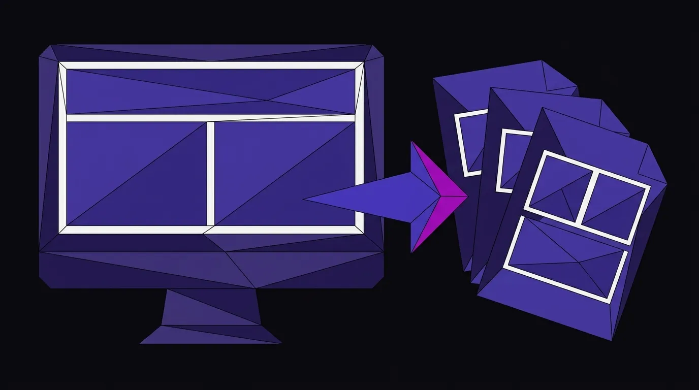 A faceted desktop monitor showing a homepage layout next to three fanned document cards, representing a brand audit comparison exercise