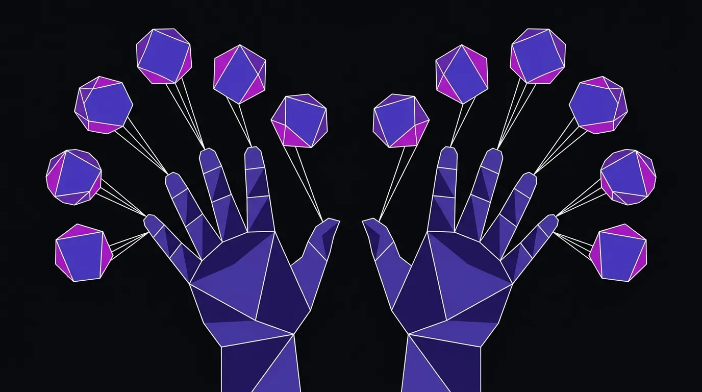 Two angular faceted hands with fingertips connecting to bubble-shaped logo modules, representing a sign language-driven brand identity system