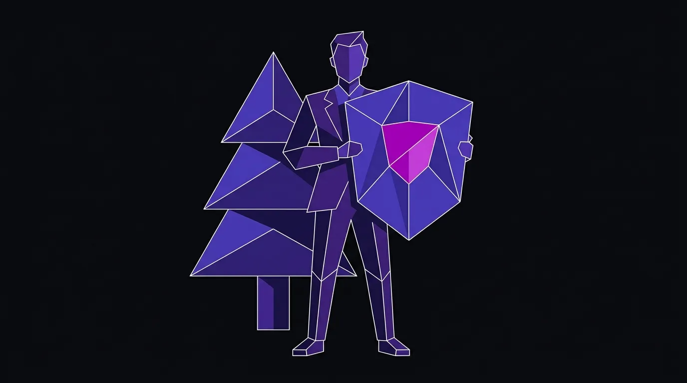 A faceted figure holding a bold brand shield in front of an angular tree, representing brand confidence for a purpose-driven business