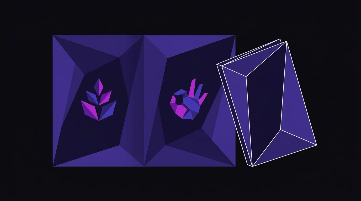 Two brand identity booklets side by side, built from angular facets on a near-black background, representing visual identity as a business tool