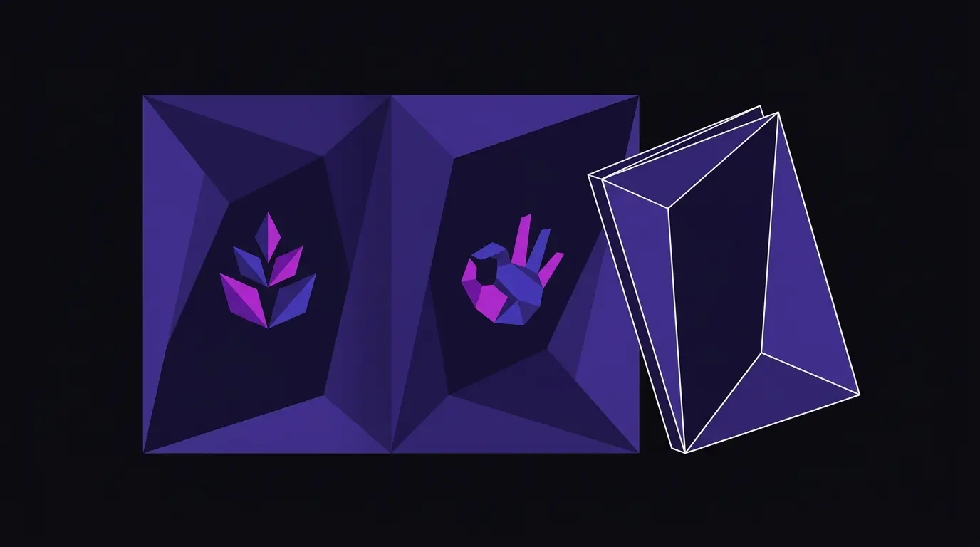 Two brand identity booklets side by side, built from angular facets on a near-black background, representing visual identity as a business tool