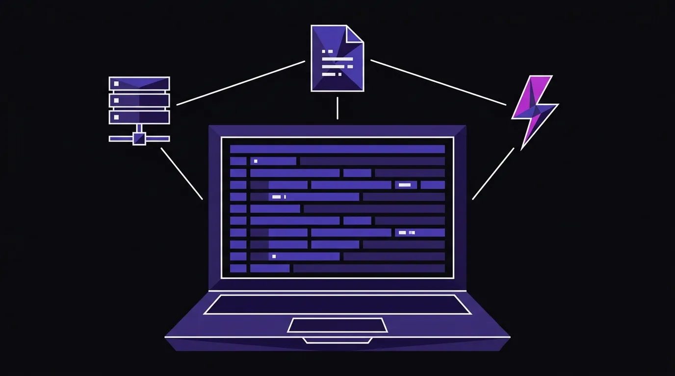 Flat vector illustration of a laptop with code rows on screen, connected to icons representing a font file, a server, and a speed indicator