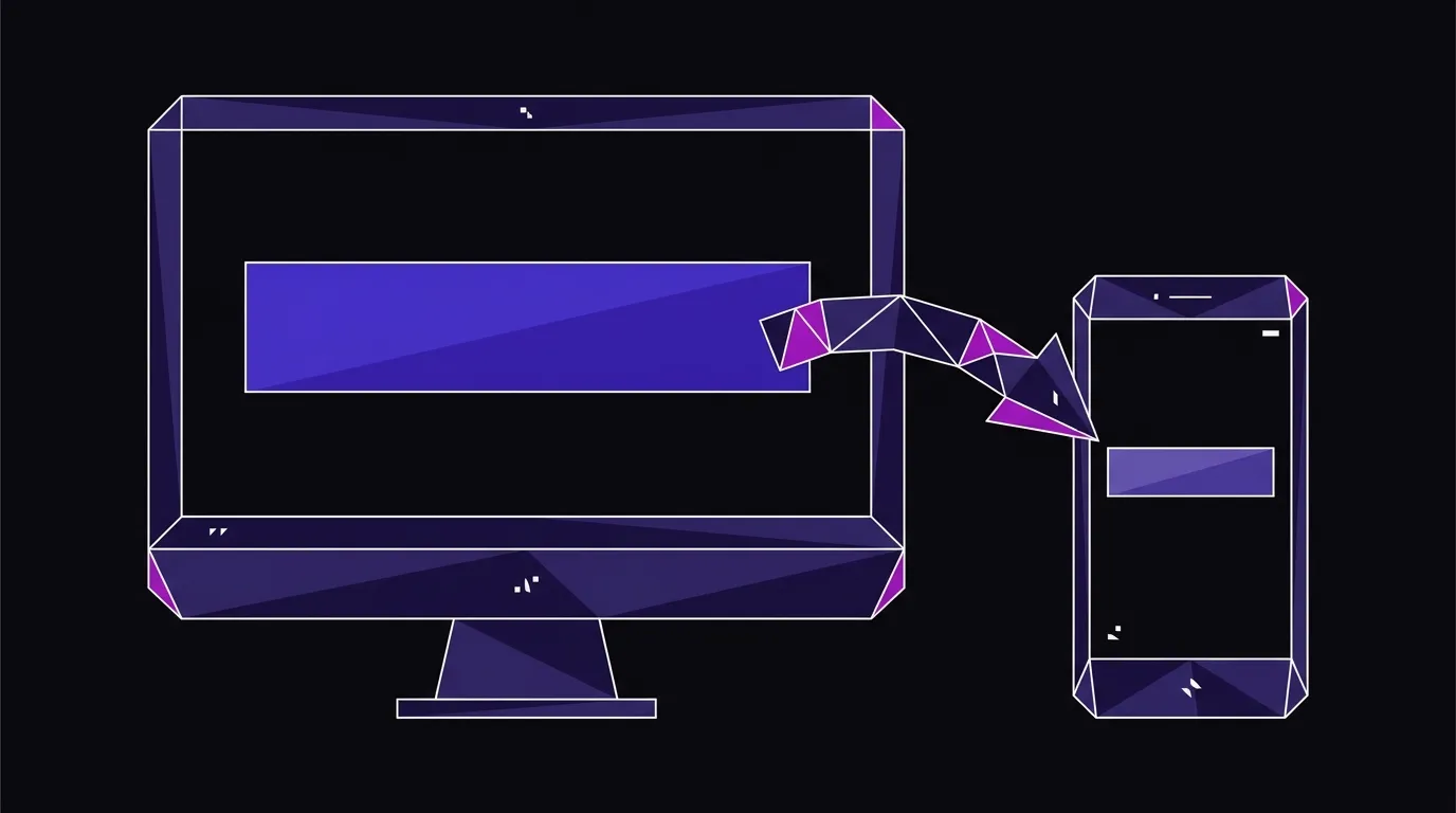 Flat vector illustration of a desktop monitor with a bold headline bar and a smartphone with a lighter headline bar, connected by an arrow