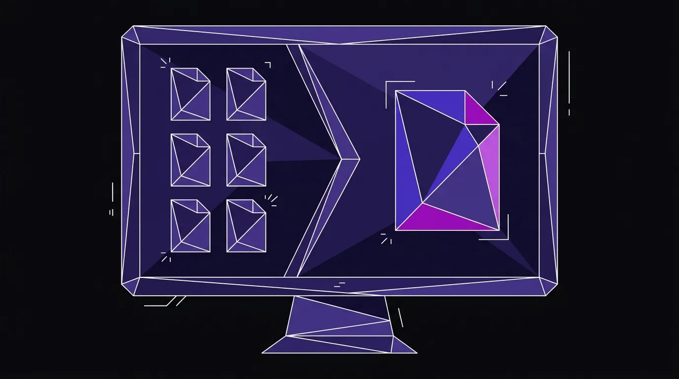 Flat vector illustration of a monitor showing six stacked static font file icons versus one larger variable font file icon