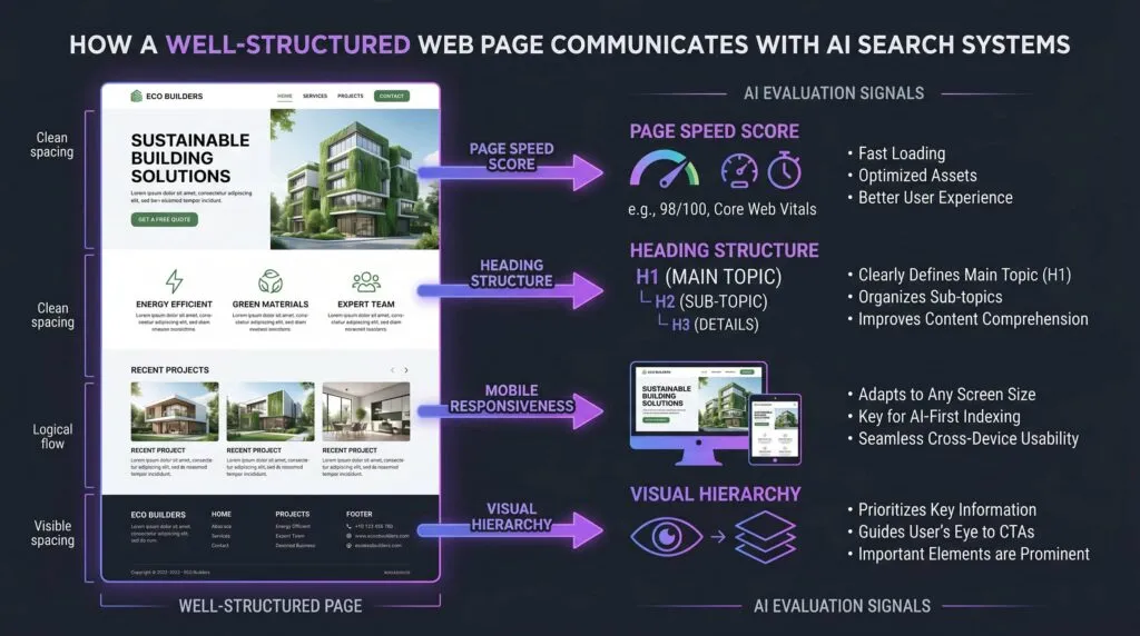 A diagram showing how professional web design elements including page speed, semantic structure, heading hierarchy, and mobile responsiveness function as AI search signals that affect small business citation visibility