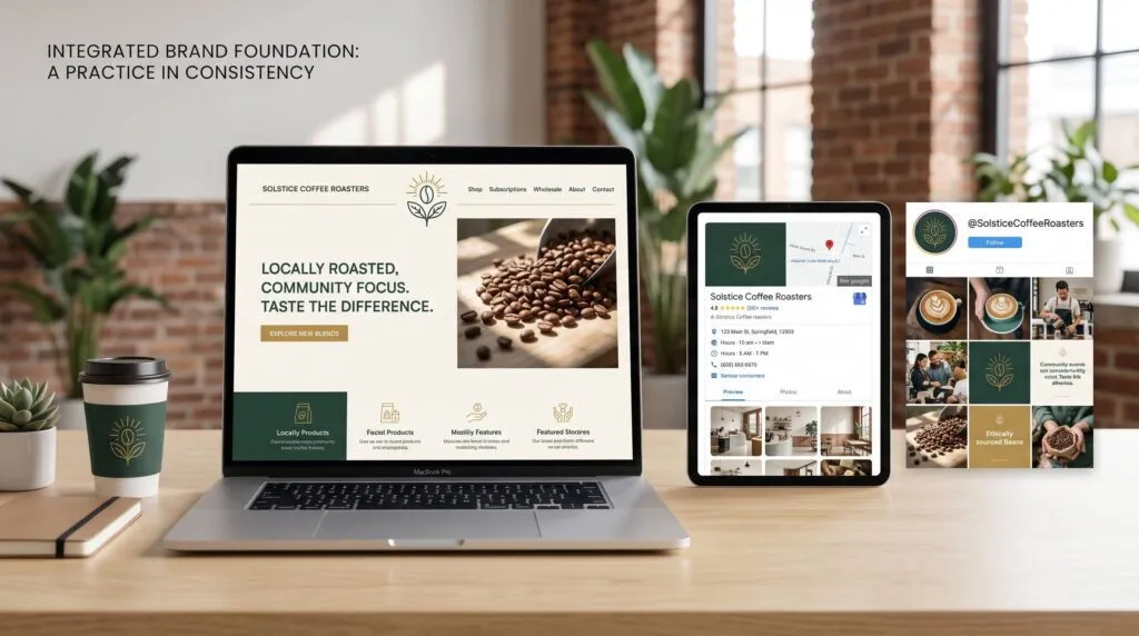 An Alkalyne Design web design and brand identity project showing a small business with a professionally designed website, consistent branding across a Google Business Profile, and unified visual identity — the foundation required for AI search visibility