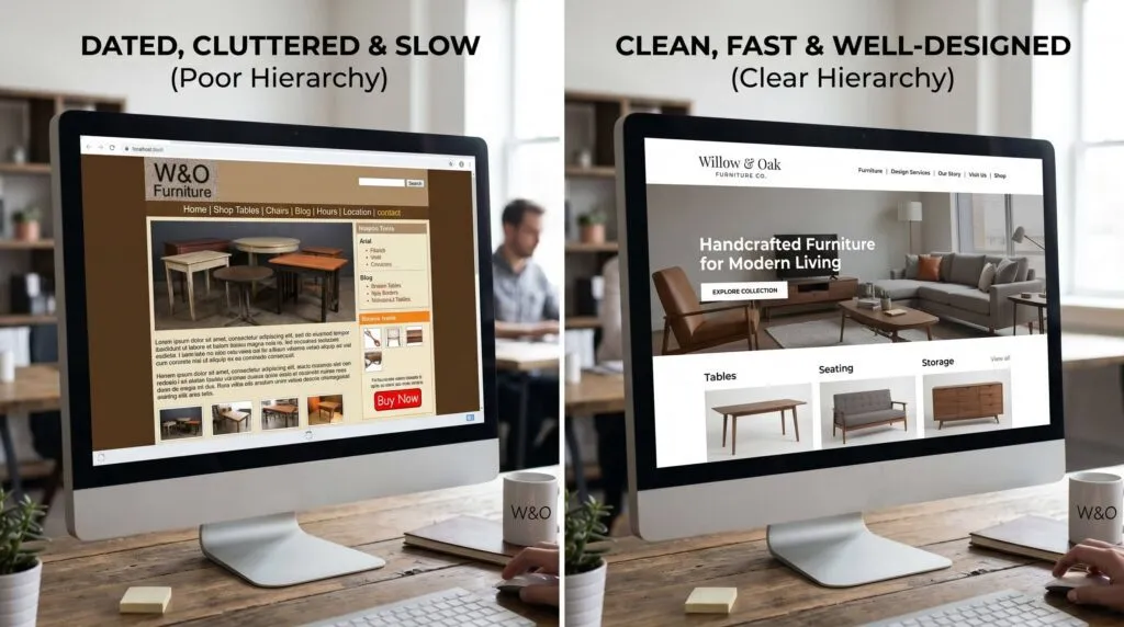 Side-by-side comparison of a poorly designed small business website versus a professionally designed one, illustrating how web design quality affects credibility and AI search visibility