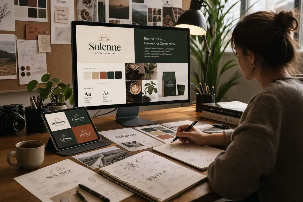 Woman sitting at a desk working on brand design for a company