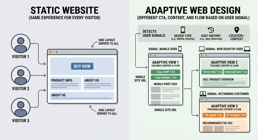 Diagram comparing a static small business website with an AI-adaptive web design, showing how personalized content and CTAs are served to different visitors based on behavior and traffic source