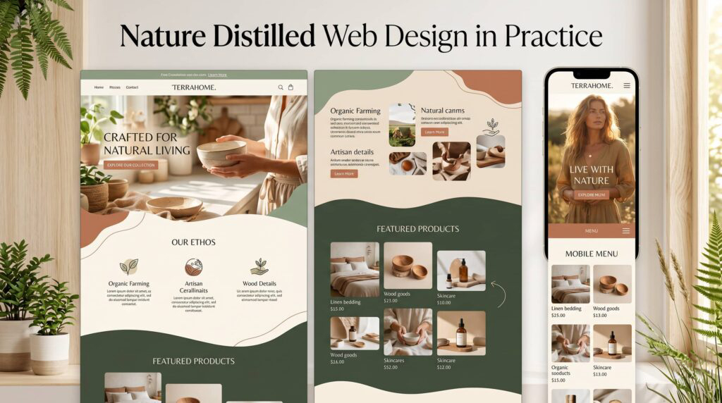 Side-by-side example of the nature distilled 2026 web design trend featuring an earthy color palette, organic layout, and warm natural photography