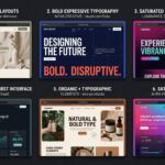 A mood board collage showcasing eight 2026 web design trends including organic layouts, expressive typography, dopamine color palettes, and performance-first interfaces for small business websites