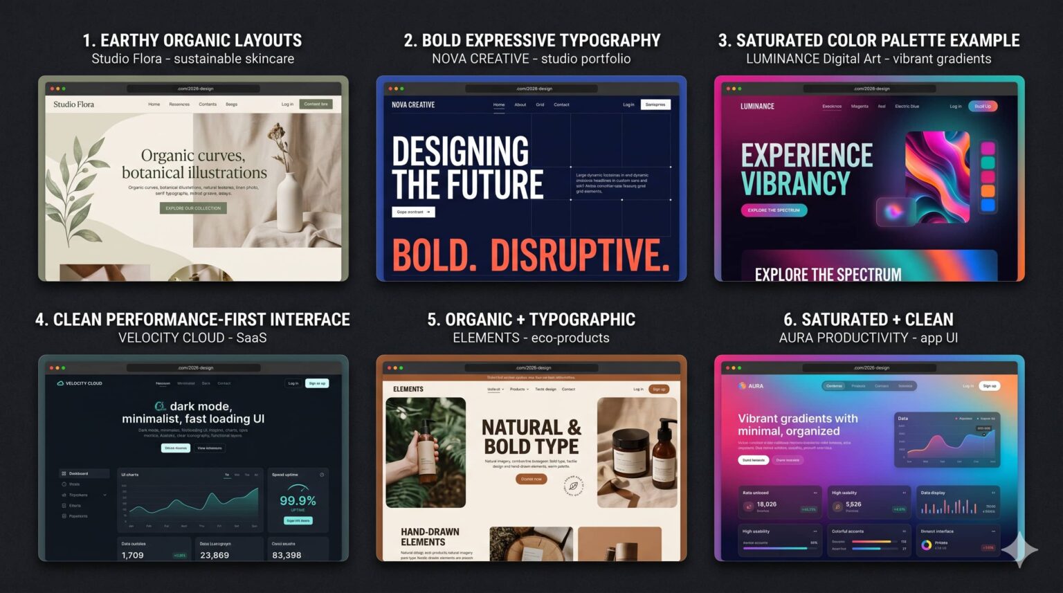 A mood board collage showcasing eight 2026 web design trends including organic layouts, expressive typography, dopamine color palettes, and performance-first interfaces for small business websites