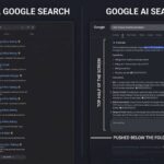 A comparison diagram showing traditional Google search results with ten blue links versus the 2026 Google AI search experience where AI Overviews answer questions directly at the top of the page, illustrating the shift affecting small business digital visibility