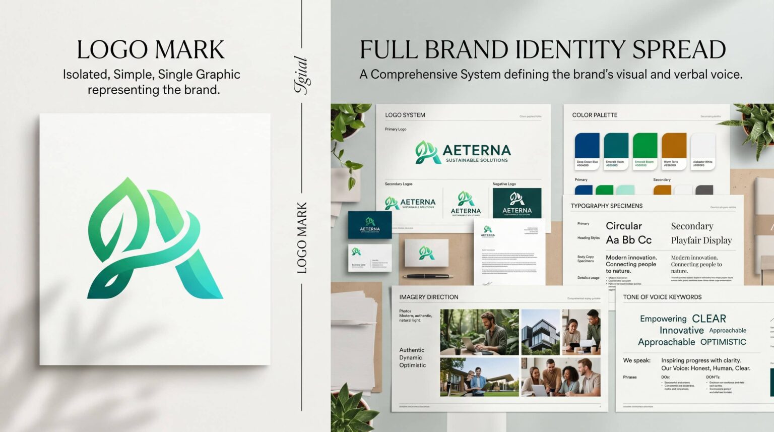 Visual comparison showing a standalone logo on the left versus a complete brand identity system on the right, including color palette, typography, imagery direction, and voice, illustrating the difference between a logo and a full brand identity