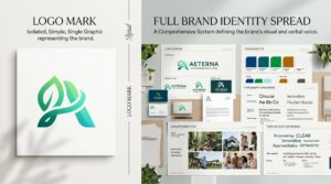 Visual comparison showing a standalone logo on the left versus a complete brand identity system on the right, including color palette, typography, imagery direction, and voice, illustrating the difference between a logo and a full brand identity