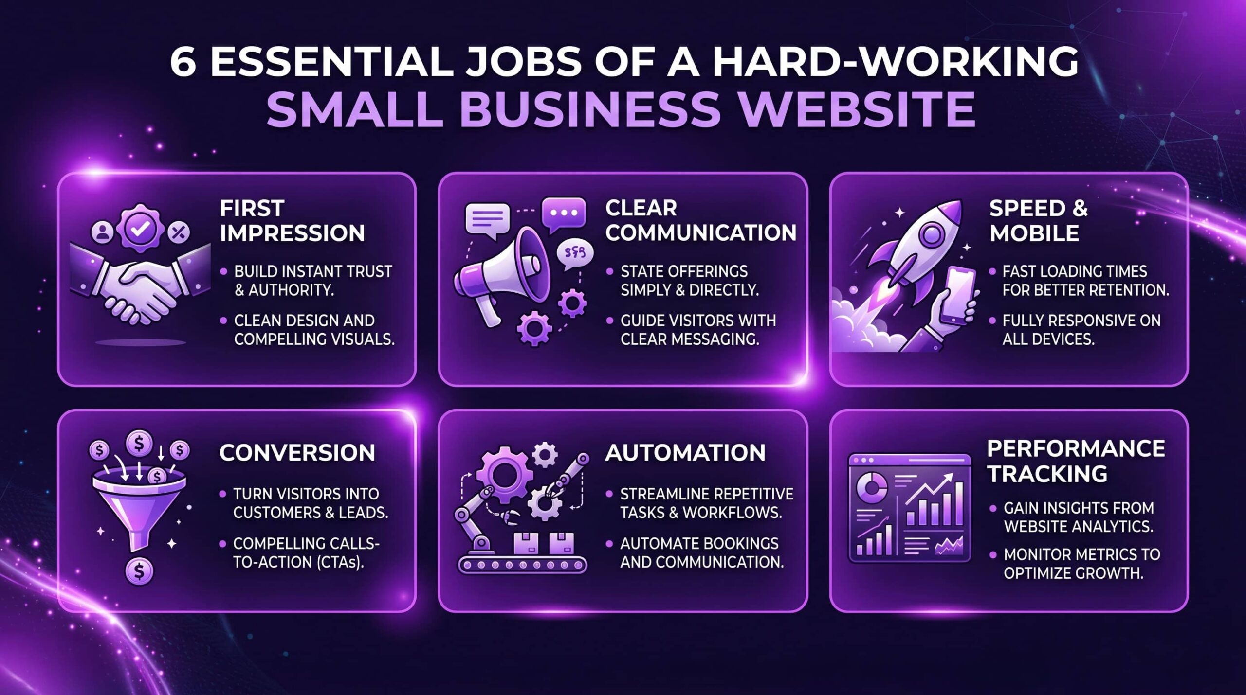 An editorial graphic listing the six jobs of a high-performing small business website: first impression, clear communication, mobile speed, lead conversion, automated follow-up, and performance tracking