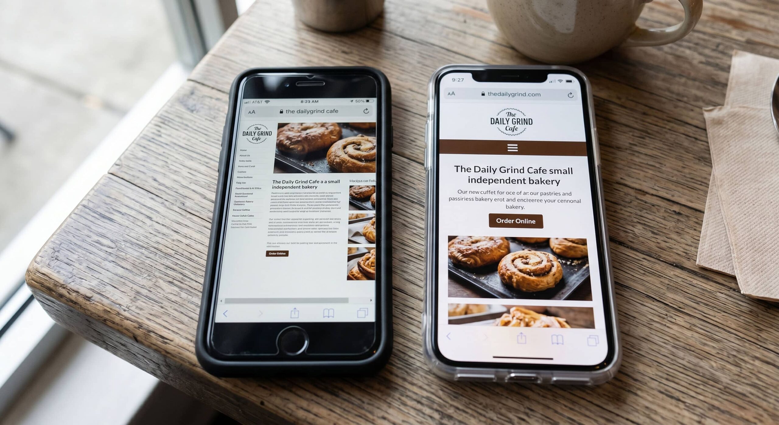 A mobile phone showing a poorly optimized small business website with broken mobile layout, illustrating one of the most common reasons small business websites fail to convert visitors