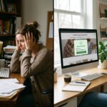 Split image comparing a small business owner frustrated with an underperforming website versus one whose well-designed small business website is actively generating leads in the background