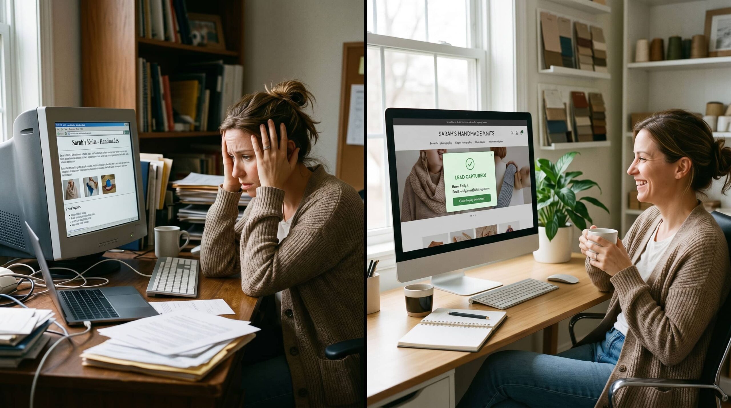 Split image comparing a small business owner frustrated with an underperforming website versus one whose well-designed small business website is actively generating leads in the background